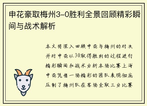 申花豪取梅州3-0胜利全景回顾精彩瞬间与战术解析 申花豪取梅州3-0胜利全景回顾精彩瞬间与战术解析